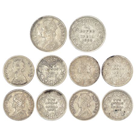 Victoria Empress, silver coins (5), Calcutta mint, 1x ¼ rupee, 1883, C/II/'C' incused and 