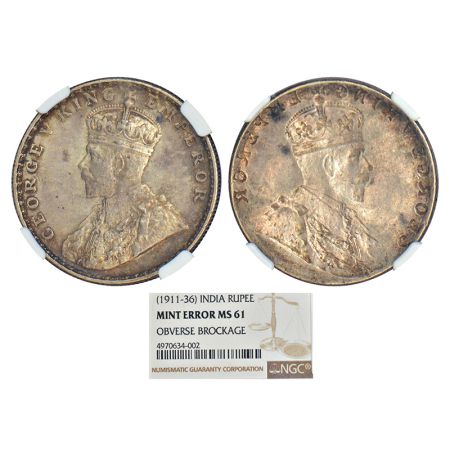 George V, silver rupee, obverse part brockage (Lakhi) on reverse. Graded as MS61 by NGC, R