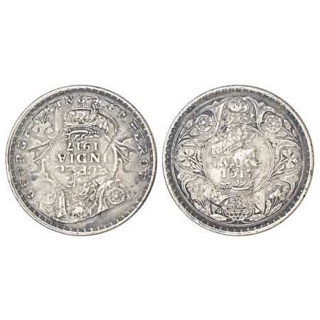 George V, silver rupee, 1917, Bombay mint, 11.63g, 30.97 mm, dot, Flip (over turn) Strikin