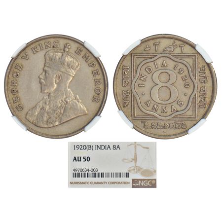 George V, copper-nickel 8 annas, 1920, Bombay mint, dot, PR 873; GK 1079. Graded as AU50 b