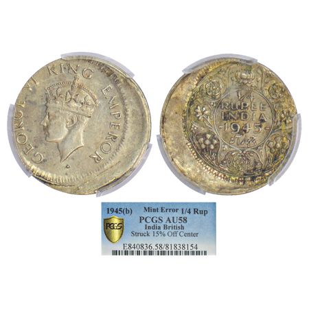 George VI, error, half silver ¼ rupee, 1945, Bombay mint, 15% die-shifted on both side. Gr