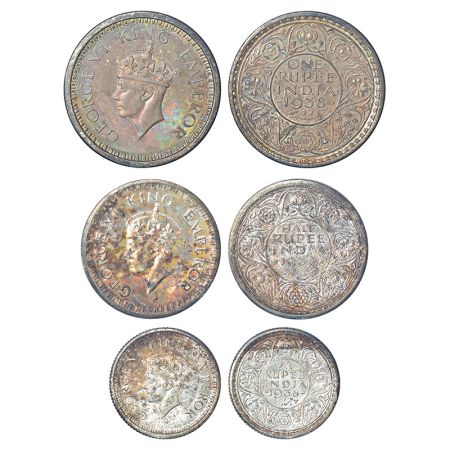 George VI, silver proof (3), rupee, ½ rupee and ¼ rupee, Bombay mint, 1938, no dot, Mule, 