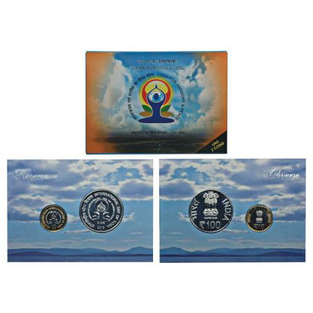 2015, International Day of Yoga, UNC set of 2 coins, 100 rupees and 10 rupees, Mumbai mint