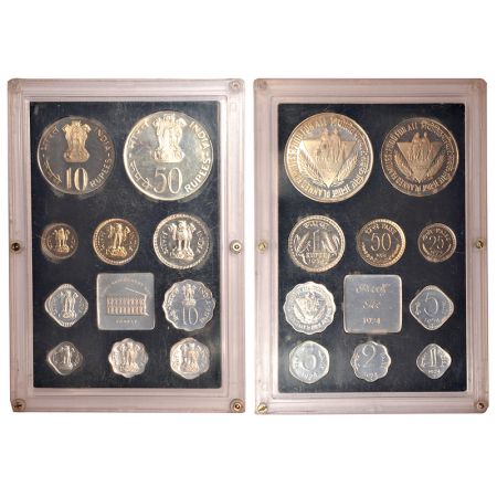 1974, Planned Families - Food for All, Proof set of 10 coins, 50 rupees, 10 rupees, 1 rupe