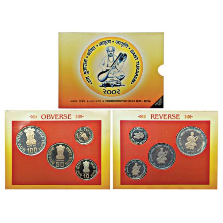 2002, Sant Tukaram, Proof set of 4 coins, 100 rupees, 50 rupees, 10 rupees and 2 rupees, K