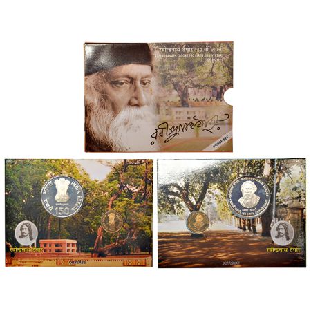 2011, 150th Birth Anniversary of Rabindranath Tagore, Proof set of 2 coins, 150 rupees and