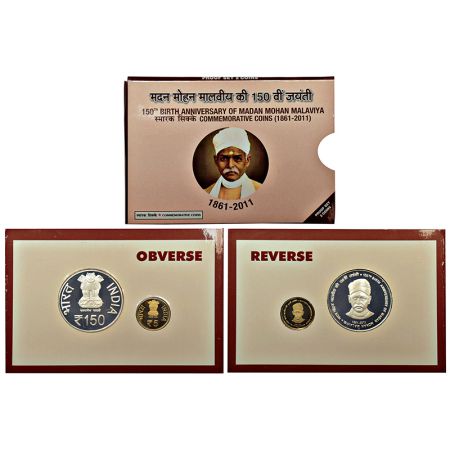 2011, 150th Birth Anniversary of Madan Mohan Malaviya, Proof set of 2 coins, 150 rupees an