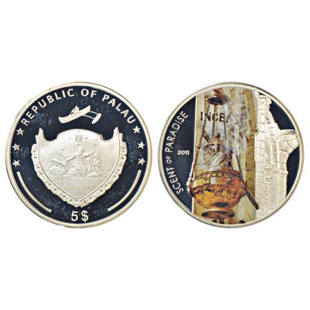 Palau, Proof silver 5 dollar, Scent of Paradise-Incense, KM 404, 25.00g. Obv: Coat of arms