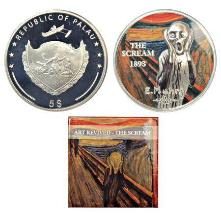 Palau, Proof 1-ounce silver 5 dollar, Scream munch revived Art, 2018, 31.1g. Obv: Coat of 