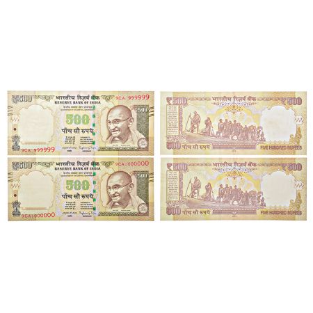 500 rupees, set of 2 fancy number notes, Gandhi series, 3rd issue, 2015, signed by Raghura