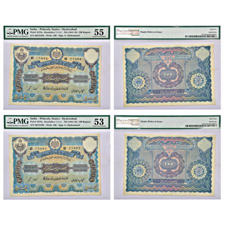 Hyderabad, 100 rupees (2), 2nd issue, ND (1939), signed by Ghulam Muhammad, sign '3' type,