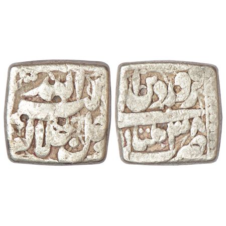 Akbar (1556-1605 AD) silver square rupee, Multan mint, Farwardin 38, KM 88.4, 11.06g. Obv: