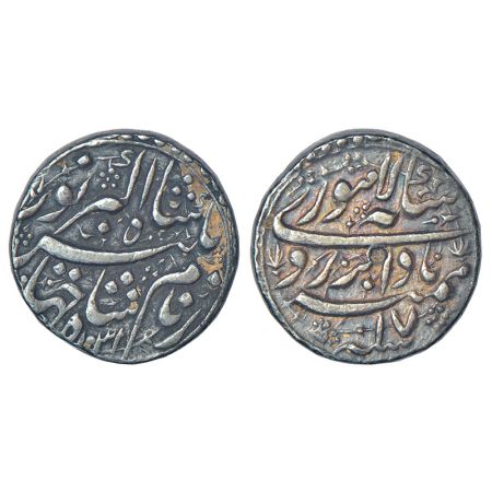 Jahangir (1605-1627 AD), silver rupee, Lahore mint at top, 'Bad Abre Ruye' couplet, AH 103