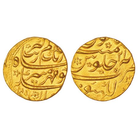 Aurangzeb (1658-1707 AD), gold mohur, Lakhnau mint (fully visible), 'Mihr-e-munir' couplet