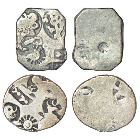 Two imperial Magadhan silver punch-marked Karshapana coins, GH Series IV, (c.350-300 BC). 
