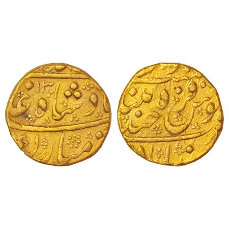 Muhammad Shah (1719-1748 AD), gold mohur, Farkhanda Bunyad Hyderabad mint, RY 13, KM 438.8
