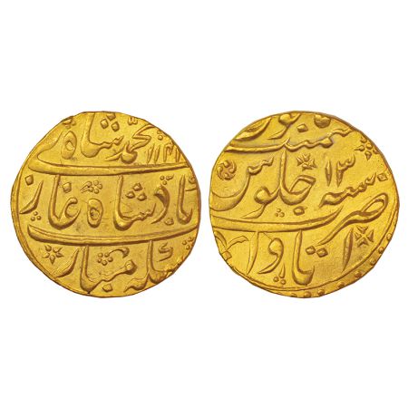 Muhammad Shah (1719-1748 AD), gold mohur, Itawa mint, AH 114X/RY 13, KM 438.10, 11.02g. Ob
