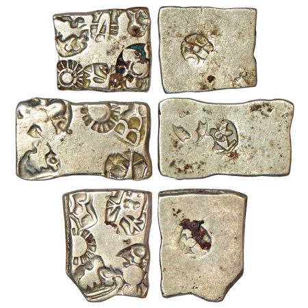 Three imperial Magadhan silver punch-marked Karshapana coins, GH series VI, no. 574, (c.25