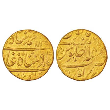 Muhammad Shah (1719-1748 AD), gold mohur, Kora mint, AH 114X/RY 18, KM 438.14, 10.87g. Obv