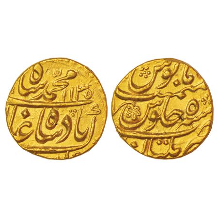 Muhammad Shah (1719-1748 AD), gold mohur, Multan mint, AH 1135/RY 5, KM 438.17, 11.00g. Ob