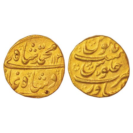 Muhammad Shah (1719-1748 AD), gold mohur, Peshawar mint, AH 113X/7, KM 438.19, 10.89g. Obv