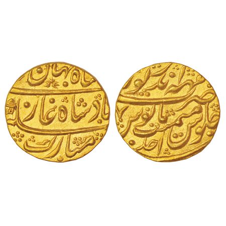 Shah Jahan III (1759-1760 AD), gold mohur, Mahaindrapur mint, RY Ahd, KM 478.4, 10.89g. Ob