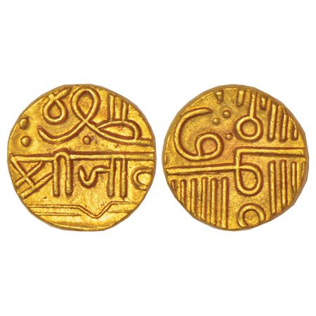 Nawanagar, Vibhaji (1852-1894 AD), gold ½ kori, AH 978 (frozen), schematized name and titl