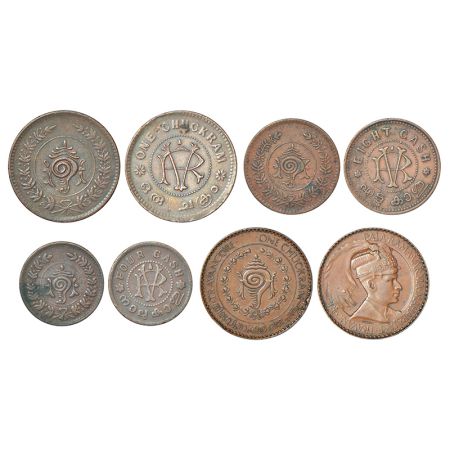 Travancore, copper coins (4), Rama Varma VI, 1x Chuckram, ND, KM 49, 10.07g, 1x 8 cash, ND