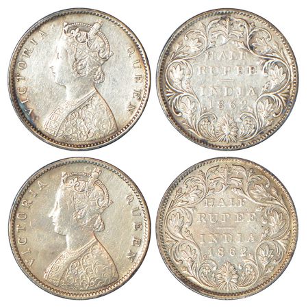 Victoria Queen, silver ½ rupee (2), 1862, Bombay mint, B1/II, PR 258; GK 371. (2 coins) Ge