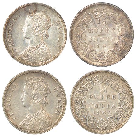 Victoria Queen, silver ¼ rupee (2), 1862, 1x Calcutta mint, A/I, PR 376; GK 375 and 1x Bom