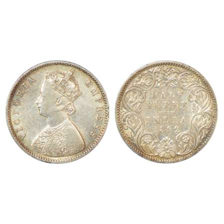 Victoria Empress, silver ½ rupee, 1892, Bombay mint, A/I/'B' incused, PR 302; GK 646. Very
