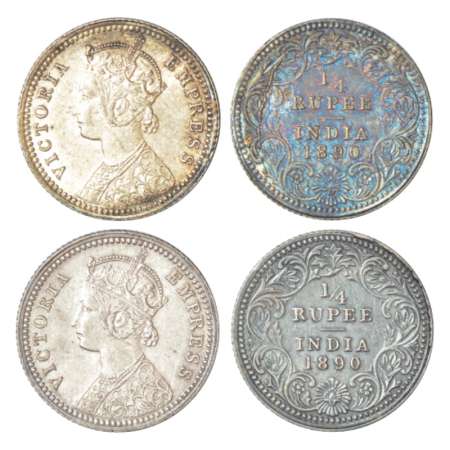 Victoria Empress, silver ¼ rupee (2), 1890, Bombay mint, C/II/'B' incused, PR 424; GK 718,
