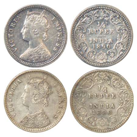 Victoria Empress, silver ¼ rupee (2), 1890, 1x Bombay mint, C/II/'B' incused, minor die ax
