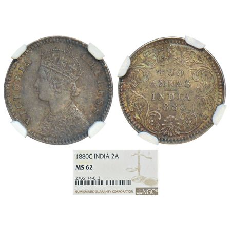 Victoria Empress, silver 2 annas, 1880, Calcutta mint, B/II/'C' incused, PR 495, GK 754. G