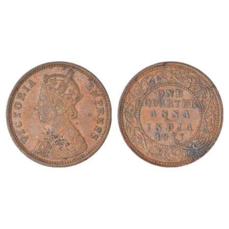 Victoria Empress, copper ¼ anna, 1877, Bombay mint, B/I, PR 637; GK 828, 6.35g. Extremely 