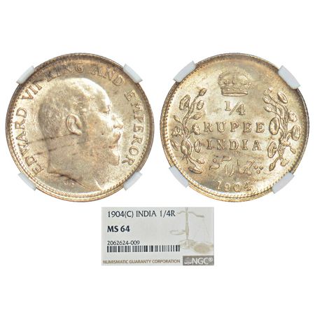 Edward VII, silver ¼ rupee, 1904, Calcutta mint, no dot, PR 433;GK 973. Graded as MS 64 by