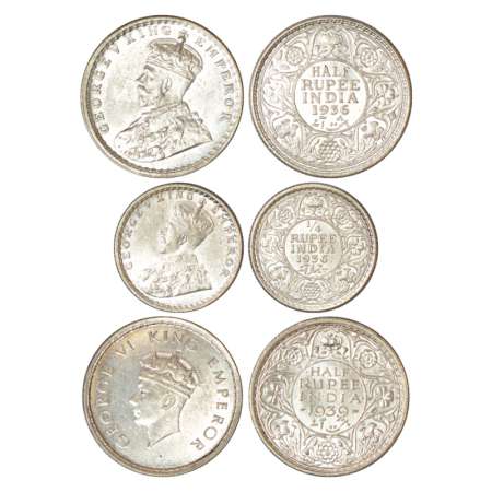 Set of 3 silver coins, (a) George V, 1936, Calcutta mint, 1x ½ rupee, PR 335; GK 1075 and 