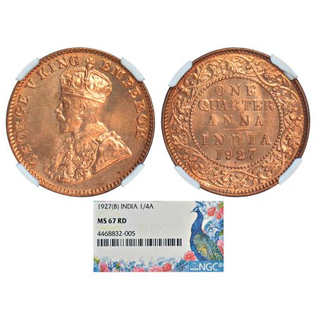 George V, copper ¼ anna, 1927, Bombay mint, dot, PR 680, GK 1185. NGC graded MS 67 RD, Ver