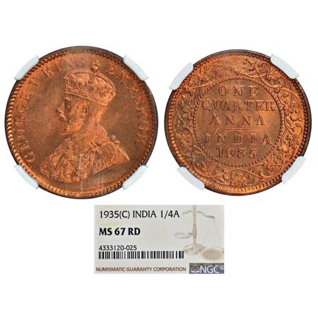 George V, copper ¼ anna, 1935, Calcutta mint, no dot, PR 675, GK 1195. NGC graded MS 67 RD