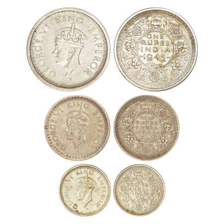 George VI, set of 3 half silver coins, 1945 (large 5), Bombay mint, 1 rupee, GK 1287, 11.5