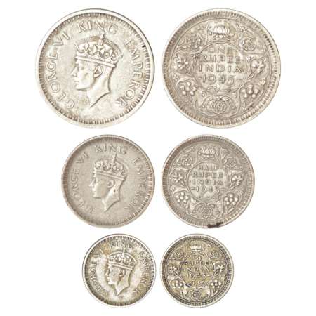 George VI, set of 3 half silver coins, 1945 (large 5), Lahore mint, 1 rupee, GK 1290, 11.5