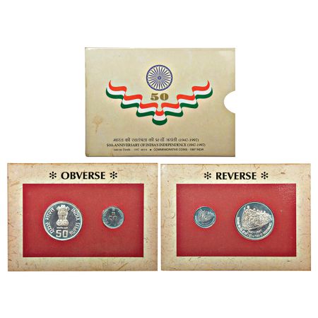 1997, 50th Year of Independence, UNC set of 2 coins, 50 rupees and 50 paise, Mumbai mint, 