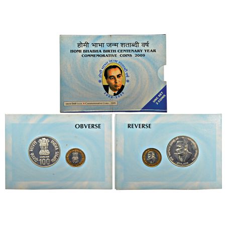 2009, Homi Bhabha Birth Centenary, UNC set of 2 coins, 100 rupees and 10 rupees, Mumbai mi