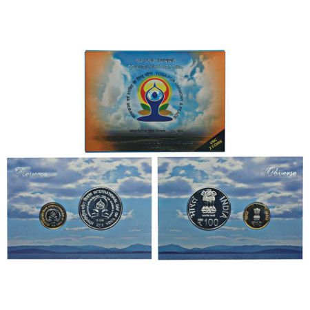 2015, International Day of Yoga, UNC set of 2 coins, 100 rupees and 10 rupees, Mumbai mint
