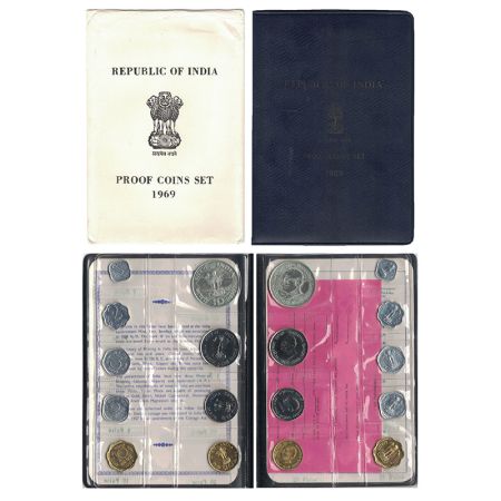 1969, Mahatma Gandhi centenary, proof set of 9 coins, 10 rupees, 1 rupee, 50 paise, 20 pai