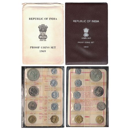 1969, Mahatma Gandhi centenary, proof set of 9 coins, 10 rupees, 1 rupee, 50 paise, 20 pai