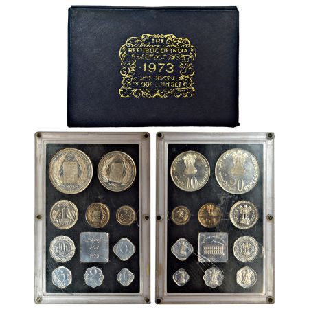 1973, Grow More Food, Proof set of 10 coins, 20 rupees, 10 rupees, 1 rupee, 50 paise, 25 p