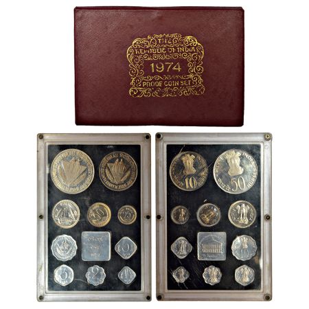 1974, Planned Families - Food for All, Proof set of 10 coins, 50 rupees, 10 rupees, 1 rupe