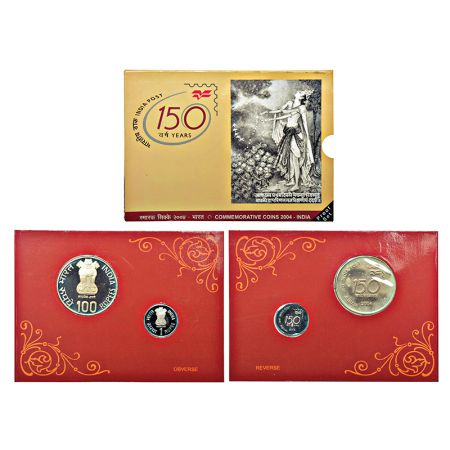 2004, 150 years of India, proof set of 2 coins, 100 rupees and 1 rupee, Kolkata mint, RB 2