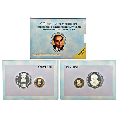2009, Homi Bhabha birth centenary, proof set of 2 coins, 100 rupees and 10 rupees, Mumbai 